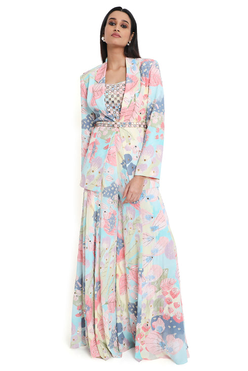 Euphoria Print Embroidered Blazer With Bustier And Sharara With Belt